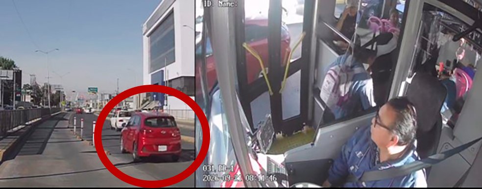 Automovilista causa frenado de emergencia en transporte público y escapa