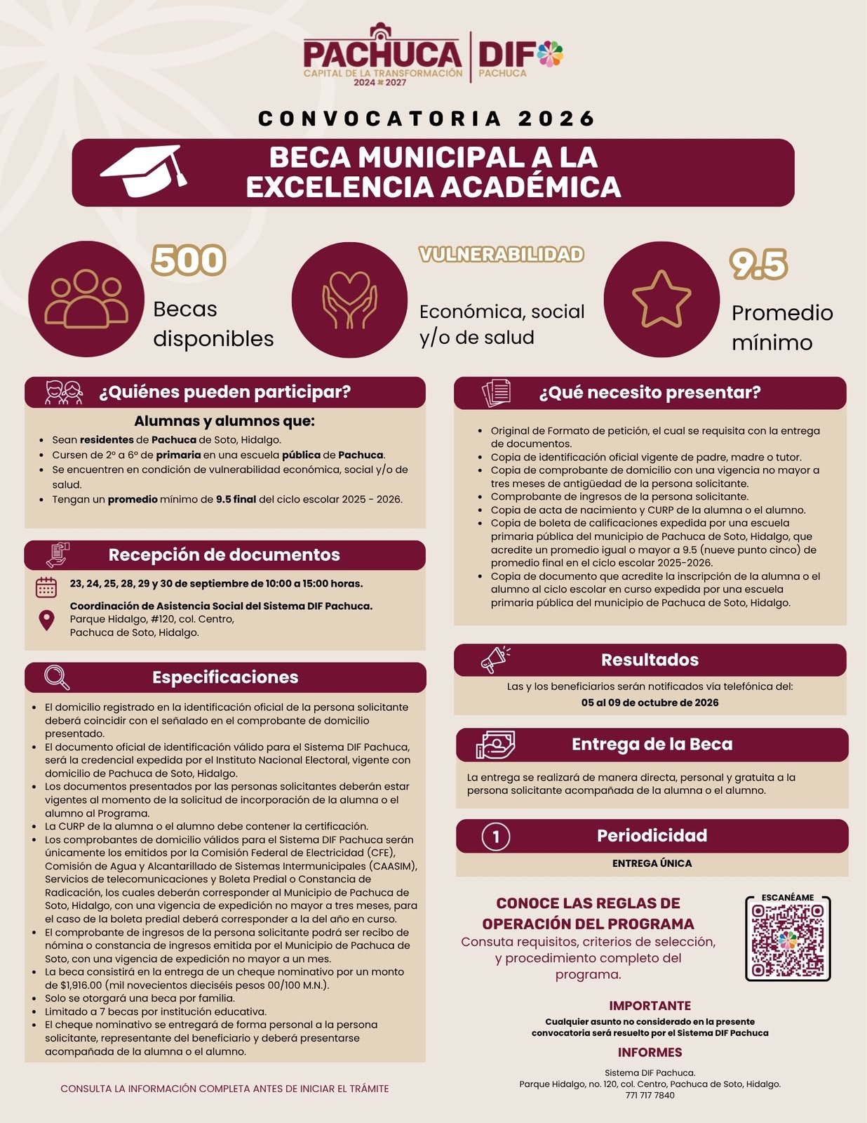 Convoca DIF Pachuca a participar en la Beca Municipal a la Excelencia Académica 2026