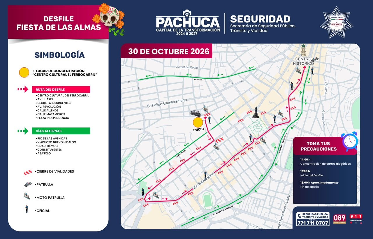Cierres viales por el desfile Fiesta de las Almas en Pachuca
